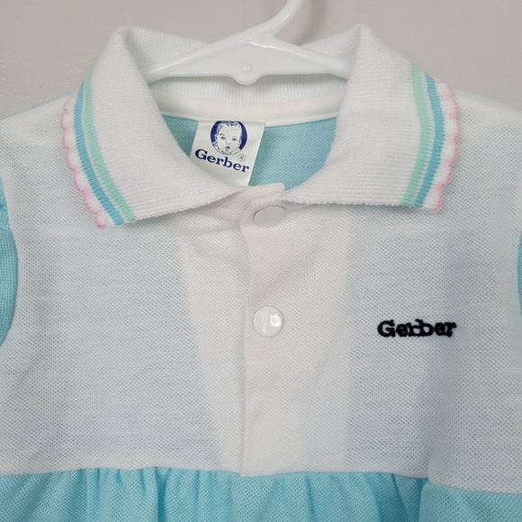 Gerber Vintage Baby Girl 12 Months Bodysuit Blue Short Sleeve Collared Onesie - Picture 2 of 6